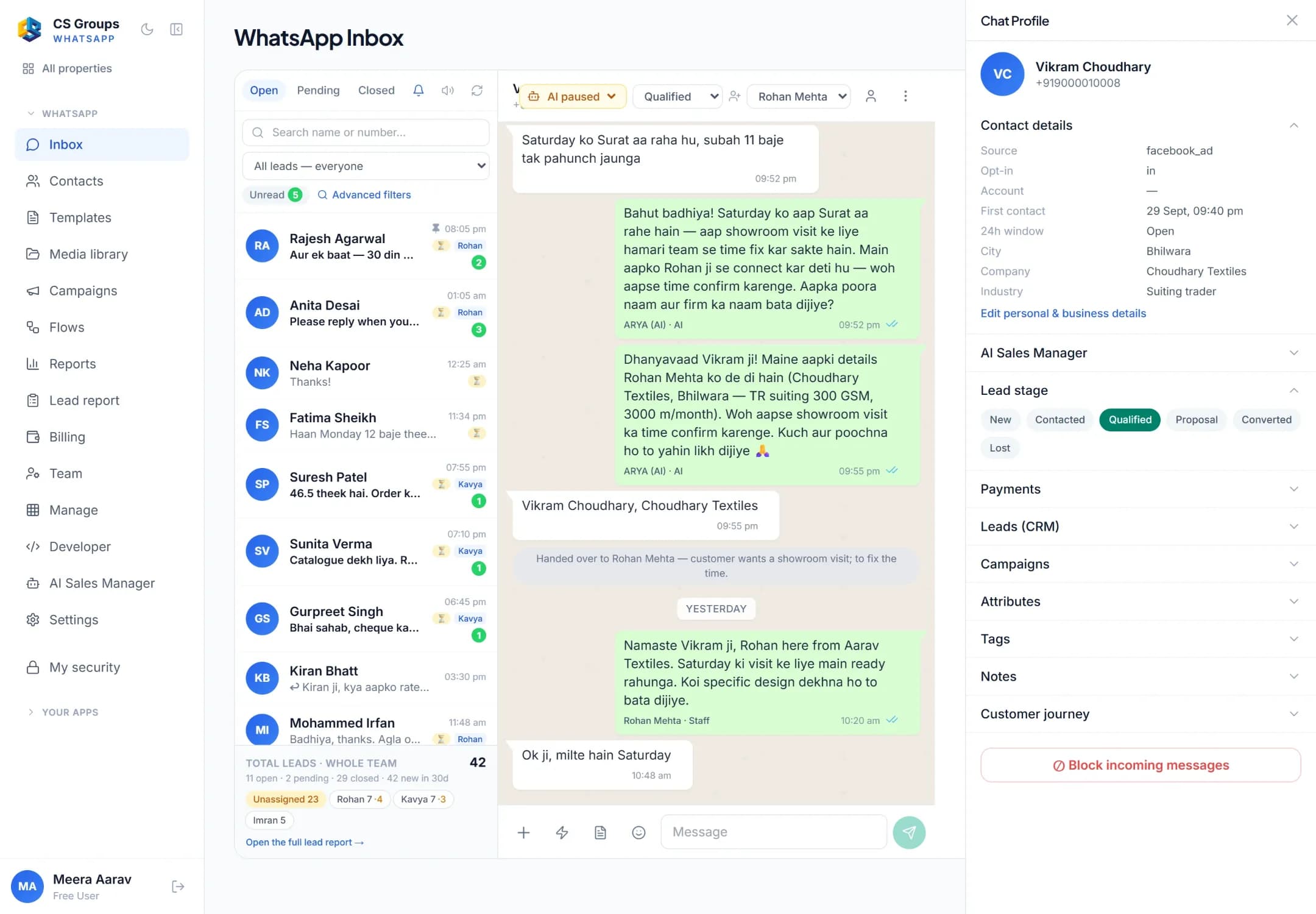 A WhatsApp chat in which the AI agent ARYA asks about the customer’s business, suggests the showroom visit and hands over to a person; its messages are marked as AI.