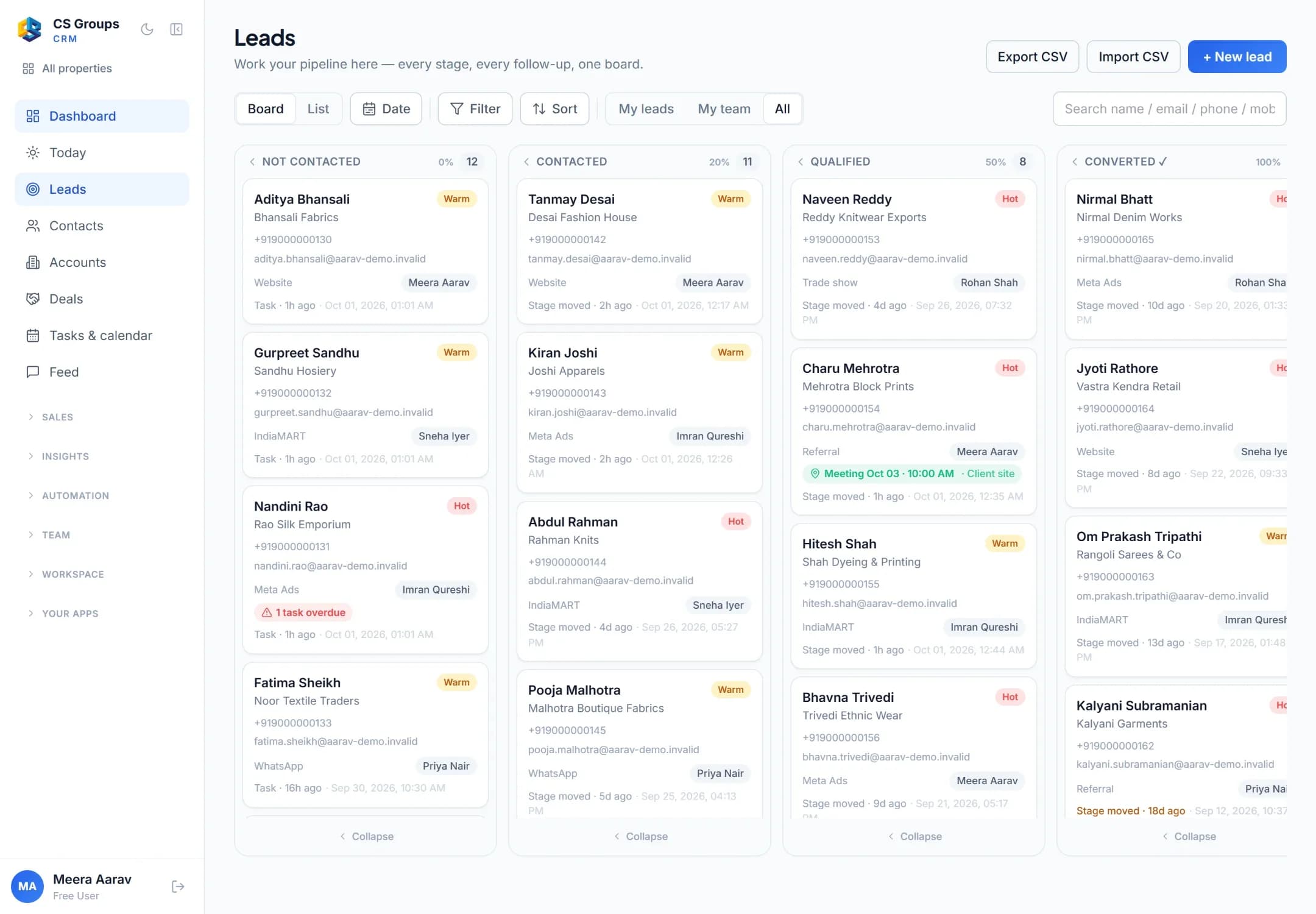 CS CRM: the leads pipeline as a board, with hot and warm leads, owners, meetings and overdue tasks.