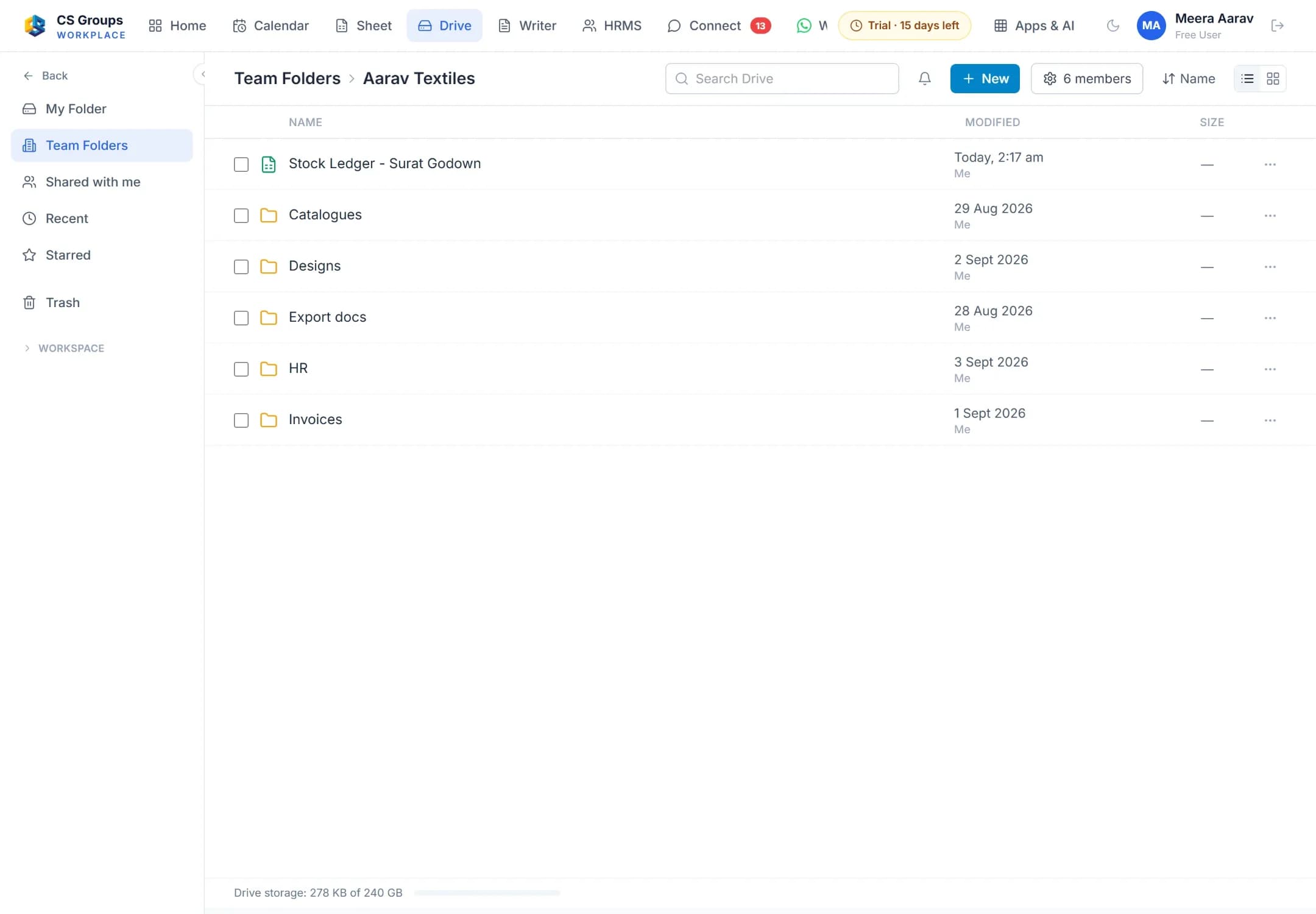CS Drive: the team folder with its sub-folders and a spreadsheet, and the menu of folders on the left.