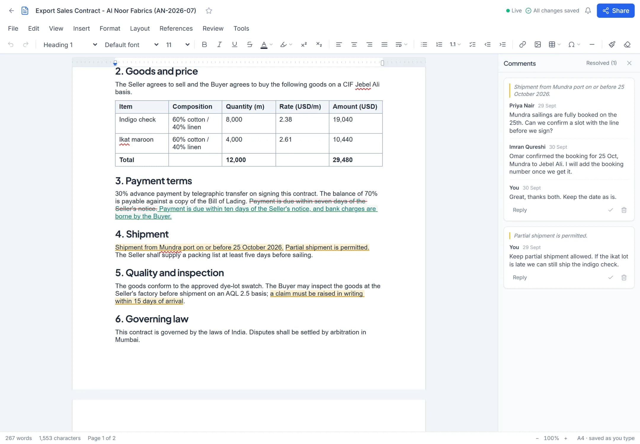 CS Writer: a contract with a table, a tracked change in the payment terms and a column of comments.